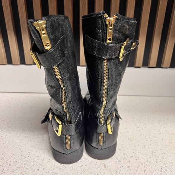 Steve Madden Enngage Black Leather Mid Calf Boots Moto Style Gold Women's Size 8 - Picture 2 of 16